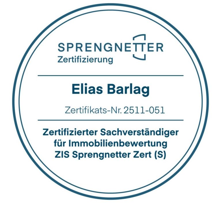 Zertifikat - Elias Barlag Zertifikat von Sprengnetter für Elias Barlag, Sachverständiger für Immobilienbewertung.